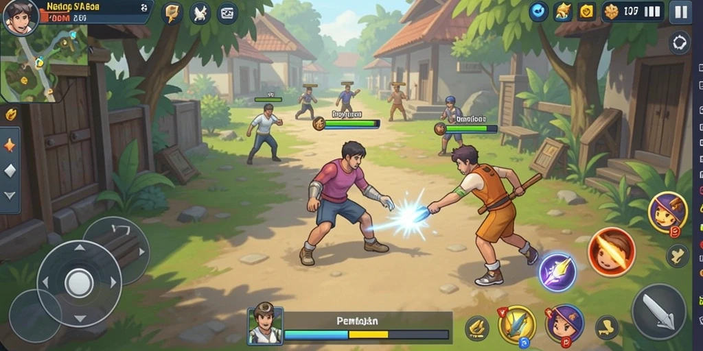 Screenshot ini menunjukkan karakter utama dalam pertempuran epik.